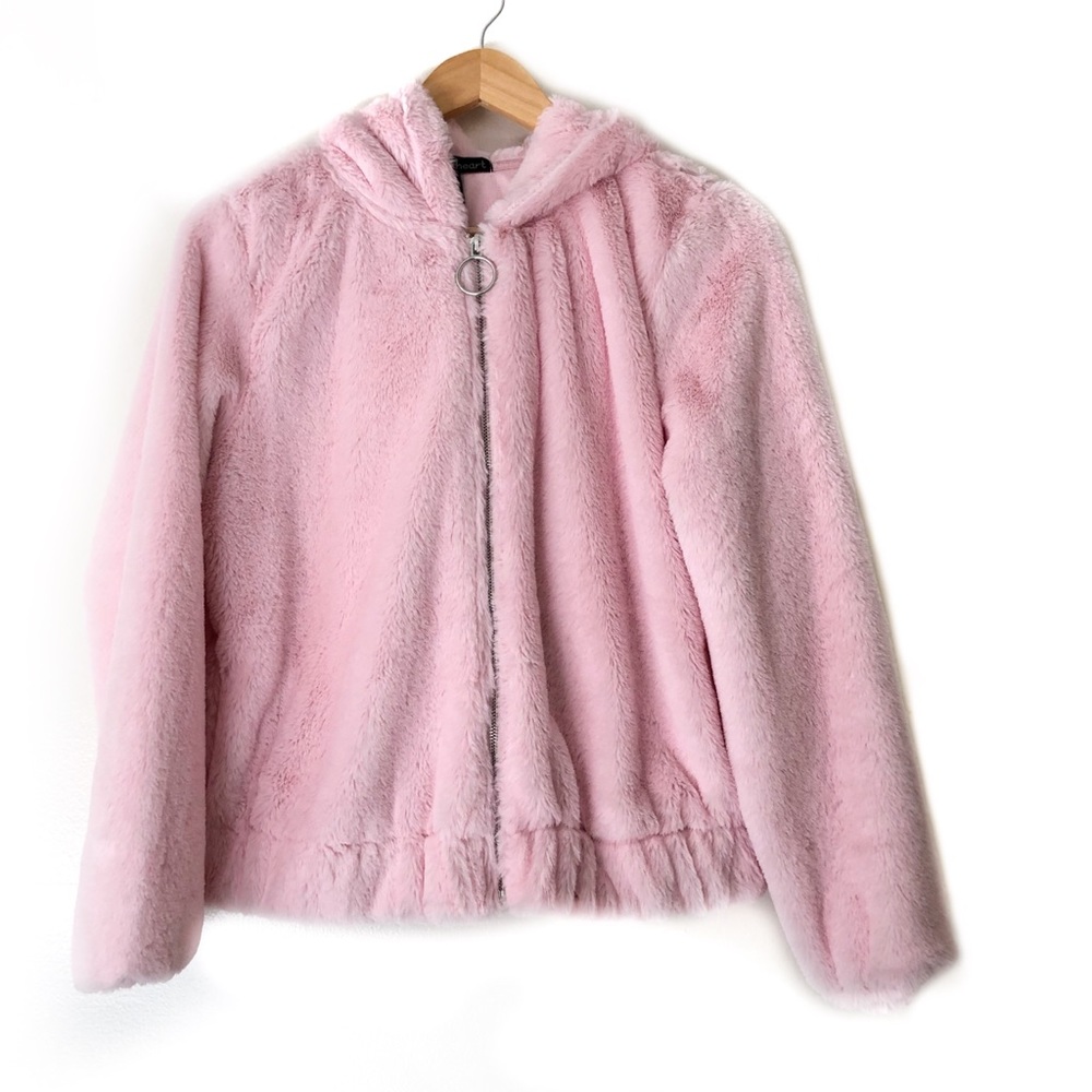 Derek Heart Fuzzy Zip -Front Pink Juniors’ Hoodie - Picture 1 of 5